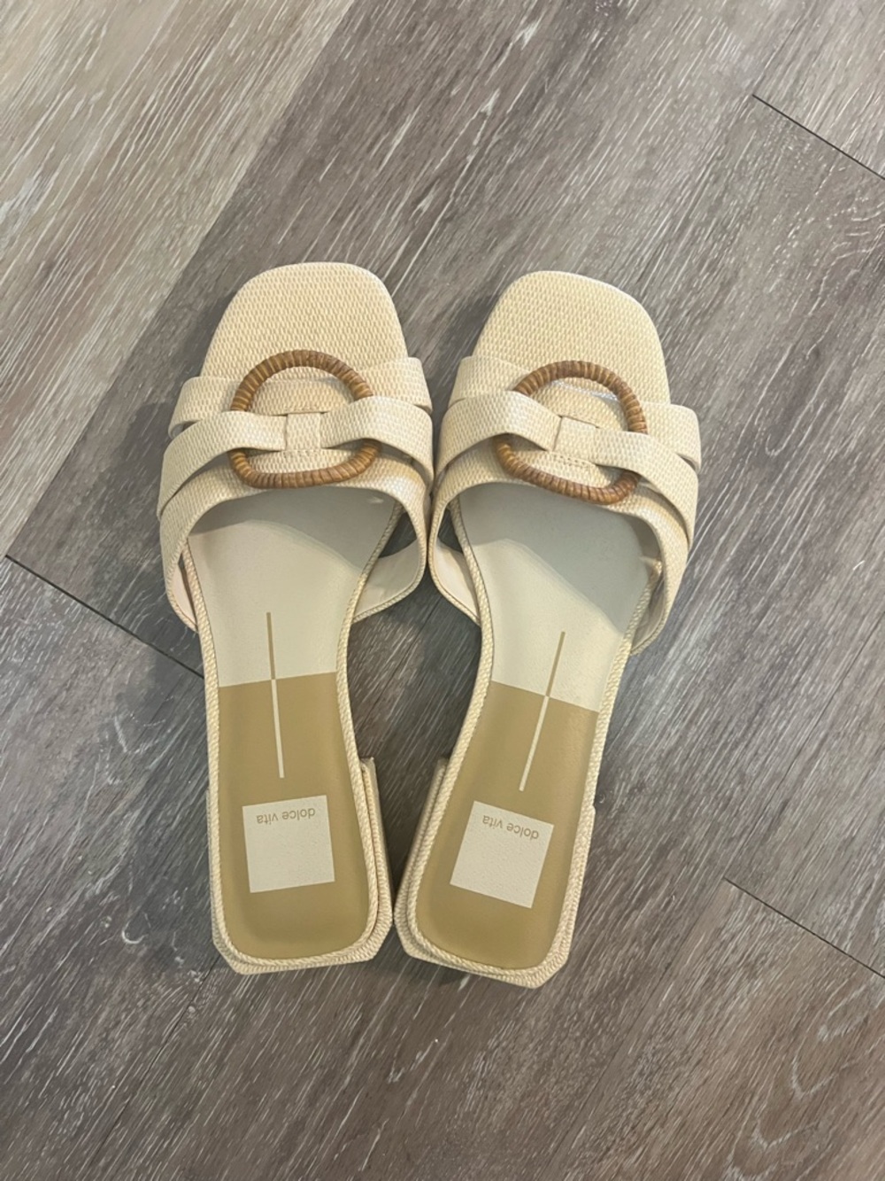 Dolce Vita Cream Woven Slide Mules with Decorative Ring